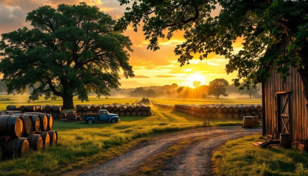 georgia-bourbon-farm-sunset-barn-barrels