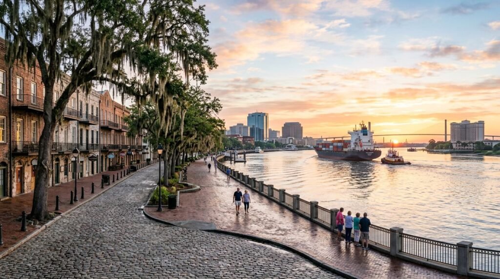 Sunset over a riverfront promenade with brick townhouses, live oaks draped in Spanish moss, and a cargo ship in the distance.