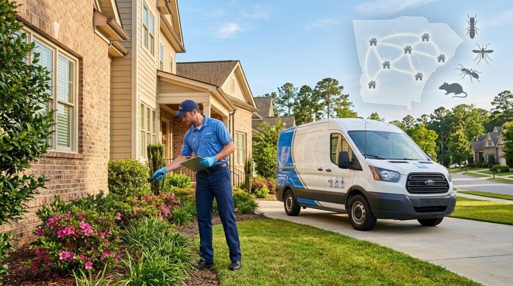 Pest control technician sprays plants in the front yard of a suburban home, clipboard in hand, beside a service van.