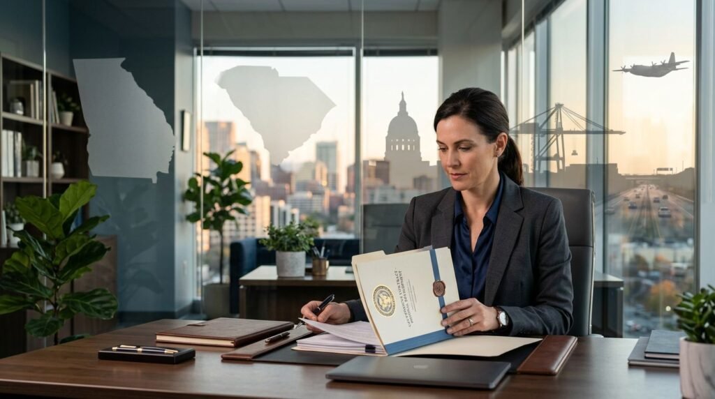 Woman in a blazer signs documents at a wood desk in a modern glass-walled office with a city skyline outside.