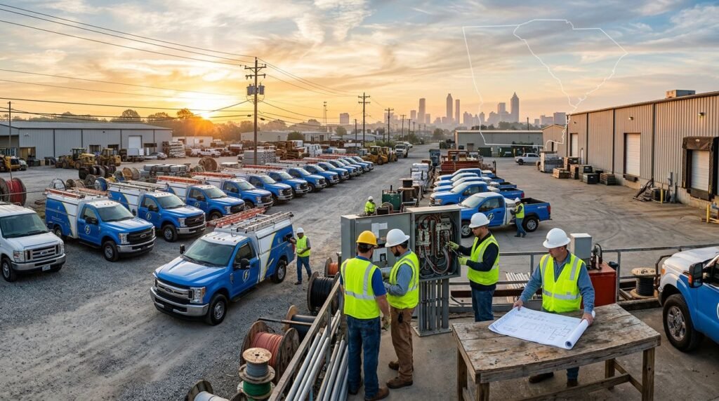 Utility company yard at sunrise with rows of blue service vans and workers in reflective vests around an electrical panel and blueprints on a table; city skyline in distance.