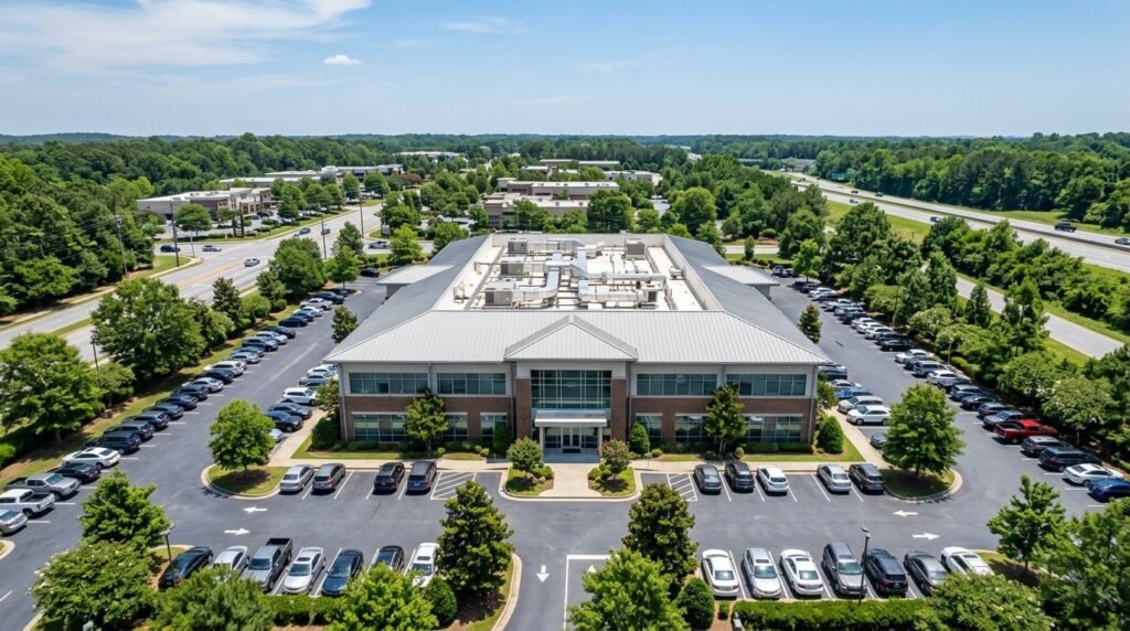 Aerial view of a brick office building with a metal roof, surrounded by parking lots and lush green trees in a suburban business park.