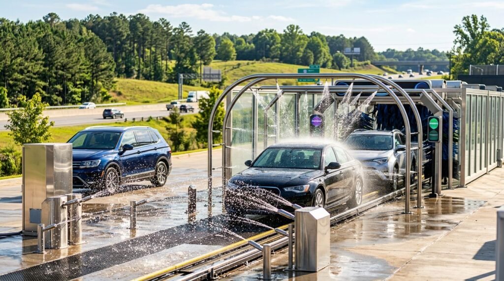 Car being washed inside a modern tunnel car wash, water jets spraying as a black sedan moves through; another blue SUV waits outside on a sunny day.