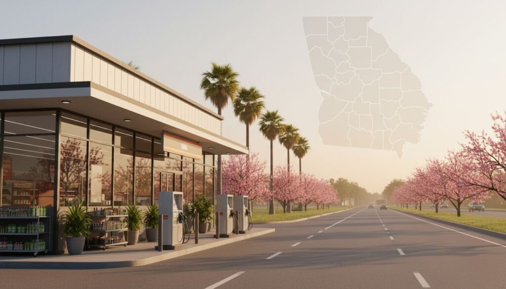 Gas station on a sunny street with palm trees and pink blossoming trees lining the road; a pale-state map overlay appears in the sky.
