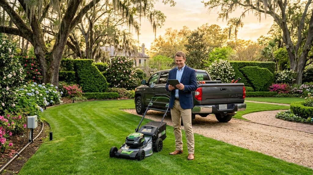 Man in a blazer using a tablet beside a lawn mower on a manicured front lawn, with a pickup truck in the background.