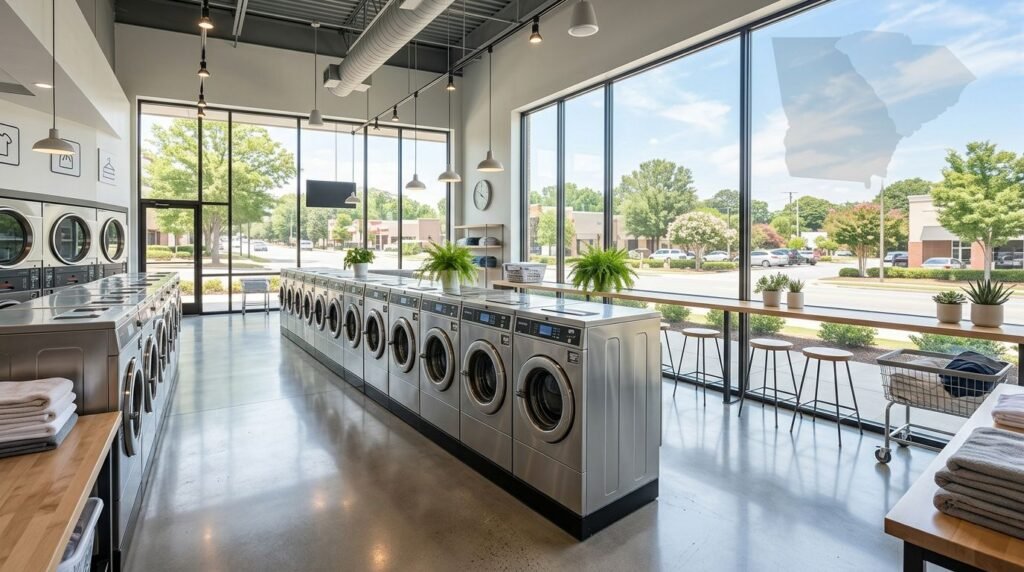 Bright laundromat interior with stainless front-loading washers aligned along both sides, large windows, and potted plants on the counter.