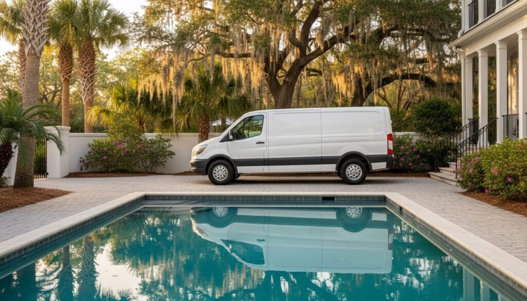 White cargo van parked on a paved driveway beside a rectangular swimming pool in a sunny backyard with palm trees and a white fence.