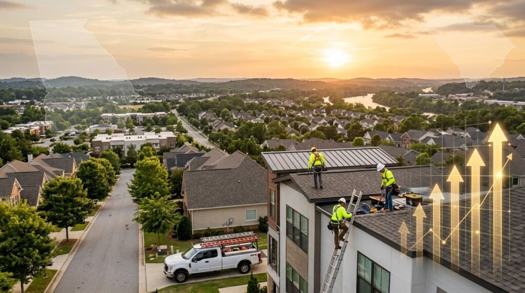 Construction workers in neon vests on the roof of a multi-family building at sunset, with a ladder and a white service truck nearby and subtle growth arrows overlayed.