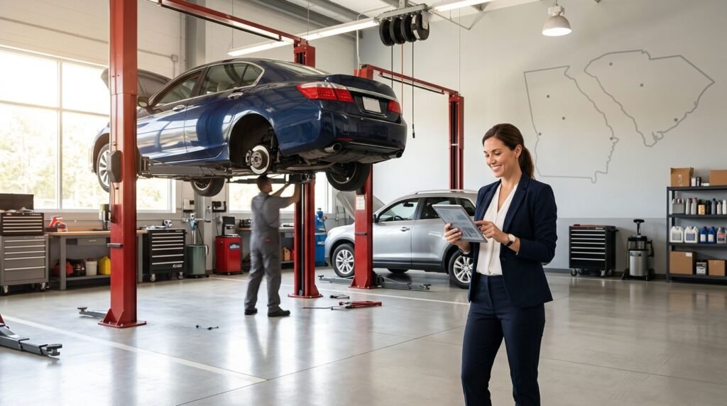 Auto repair shop: blue car on a lift with a technician working underneath, while a woman in a suit reviews a tablet nearby in a well-lit garage.