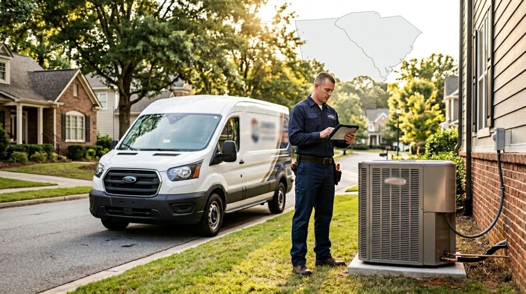 HVAC technician in navy uniform checks a tablet beside an outdoor AC unit on a suburban street, a white service van nearby.