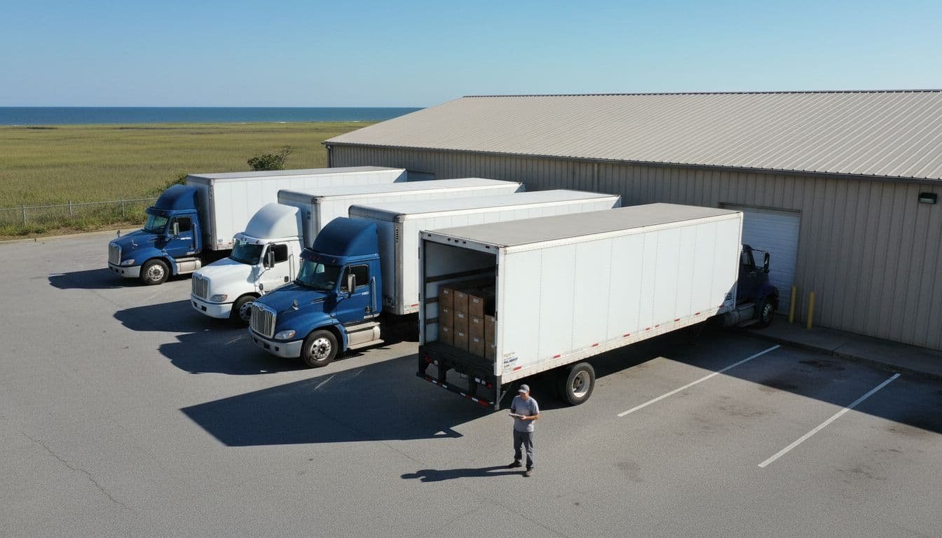 Aerial view of moving trucks parked at coastal Georgia warehouse near Savannah on sunny day, one open truck showing boxes and worker with clipboard nearby.