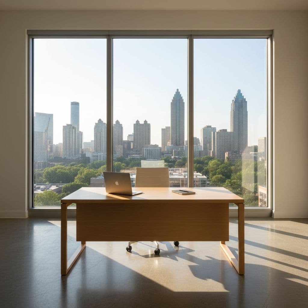 Minimalist office with wooden desk, laptop, notepad, and large window overlooking Atlanta skyline.