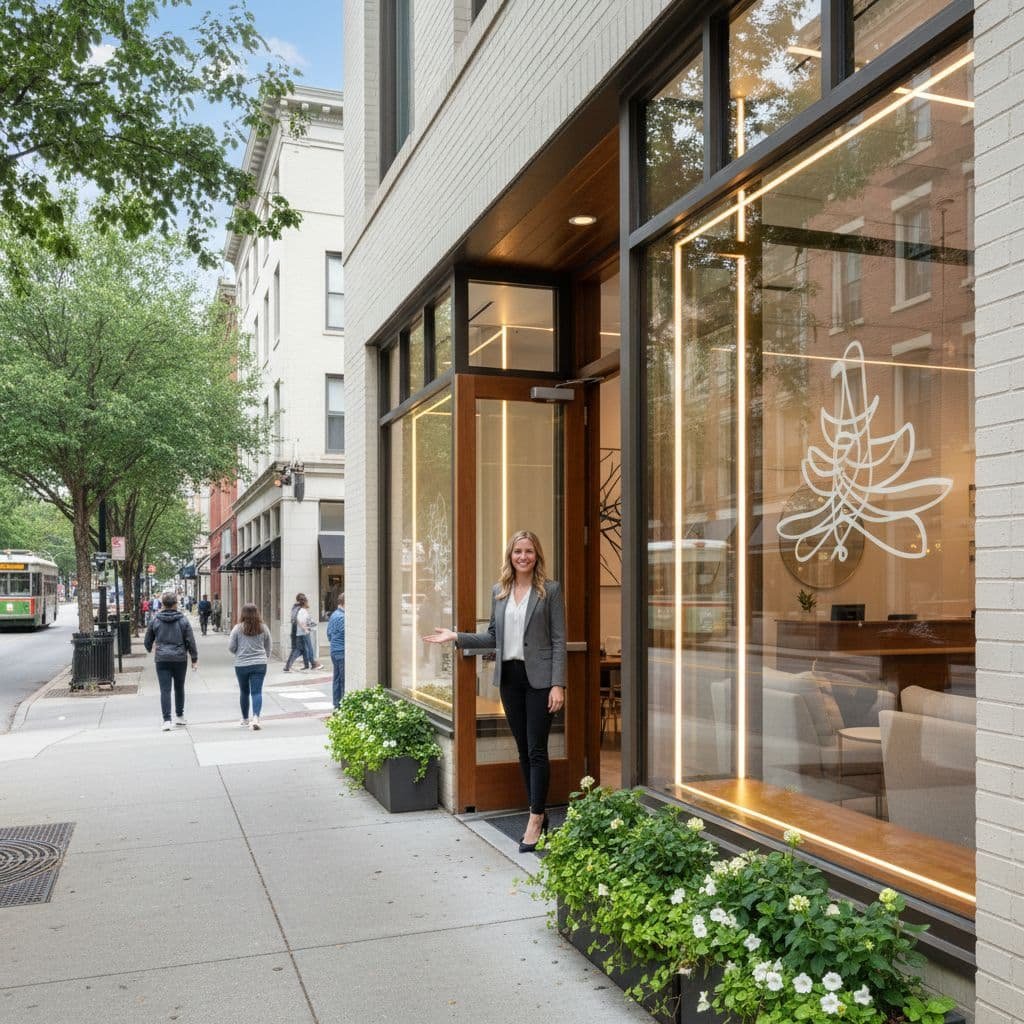 Professional storefront on bustling Atlanta street with clear windows and one welcoming person at entrance.