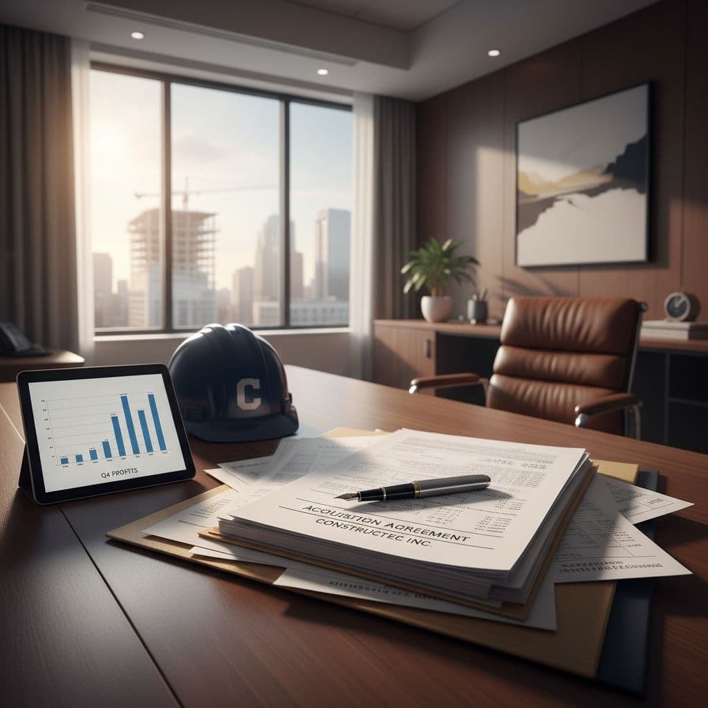 A dark wooden executive desk displays a thick open folder filled with construction business documents and a metallic pen. Gentle morning sunlight illuminates the organized workspace, suggesting a serious corporate transaction.