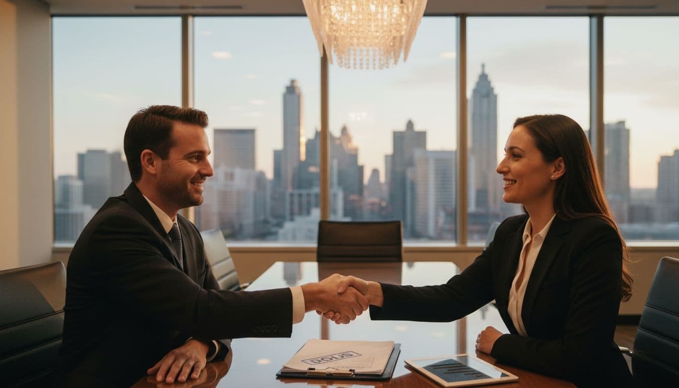 Business broker and owner shake hands over sale documents on conference table in modern Atlanta office with skyline view.