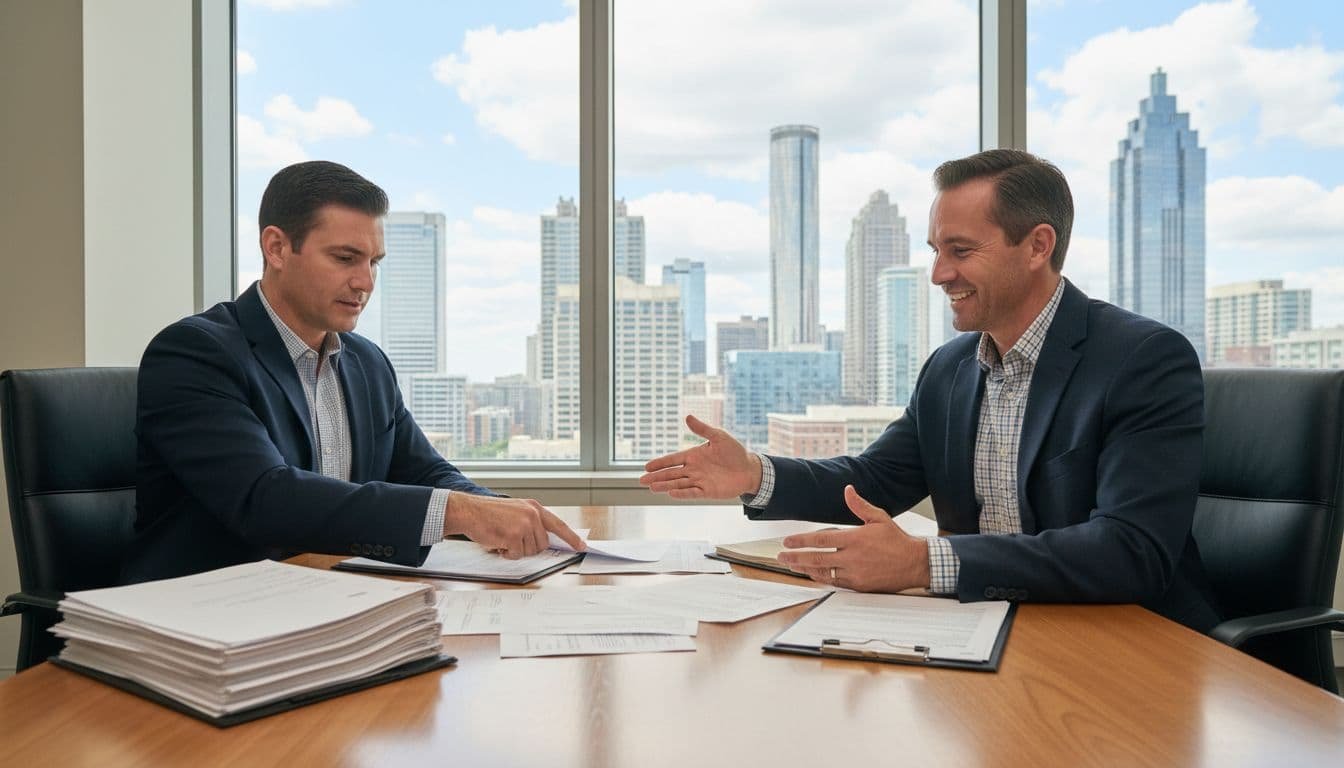 Two men in business casual review financial documents at wooden conference table with Atlanta skyline view.