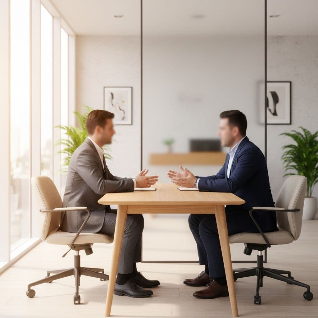 A business owner and a consultant sit at a desk engaged in a professional conversation.