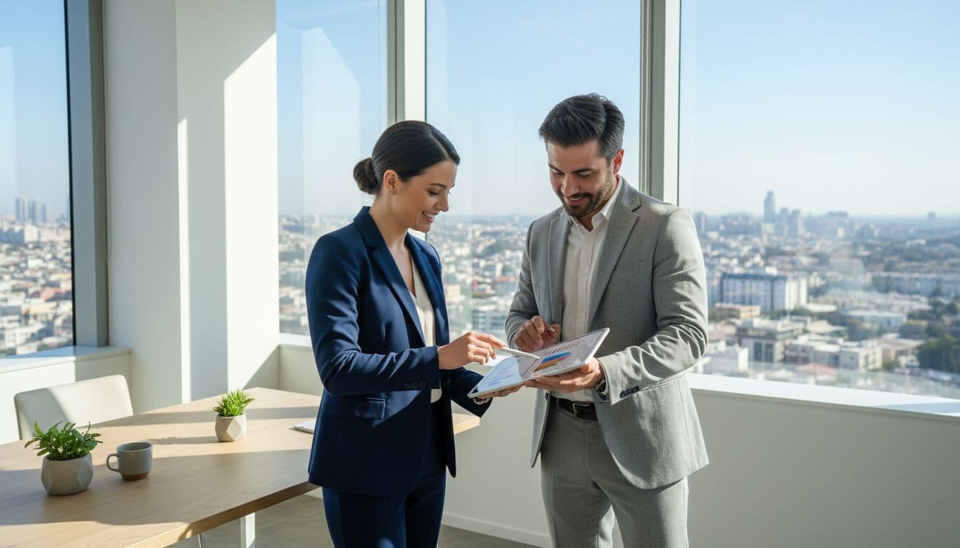 A business broker and entrepreneur review data on a tablet in a modern sunlit office.
