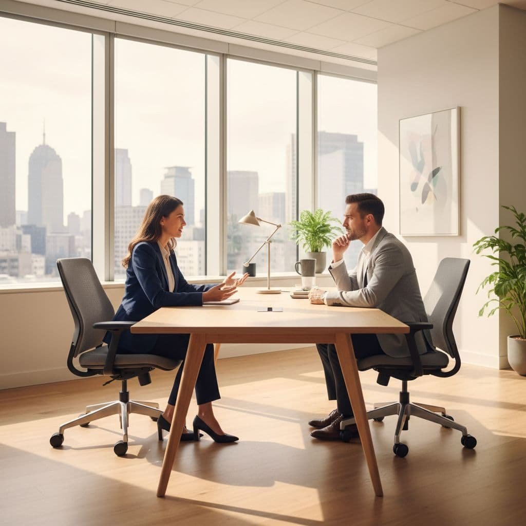 Two individuals sit across a polished wooden desk in a sunlit office. One person gestures while speaking to the other, who listens intently amidst a clean, organized, and modern workspace environment.