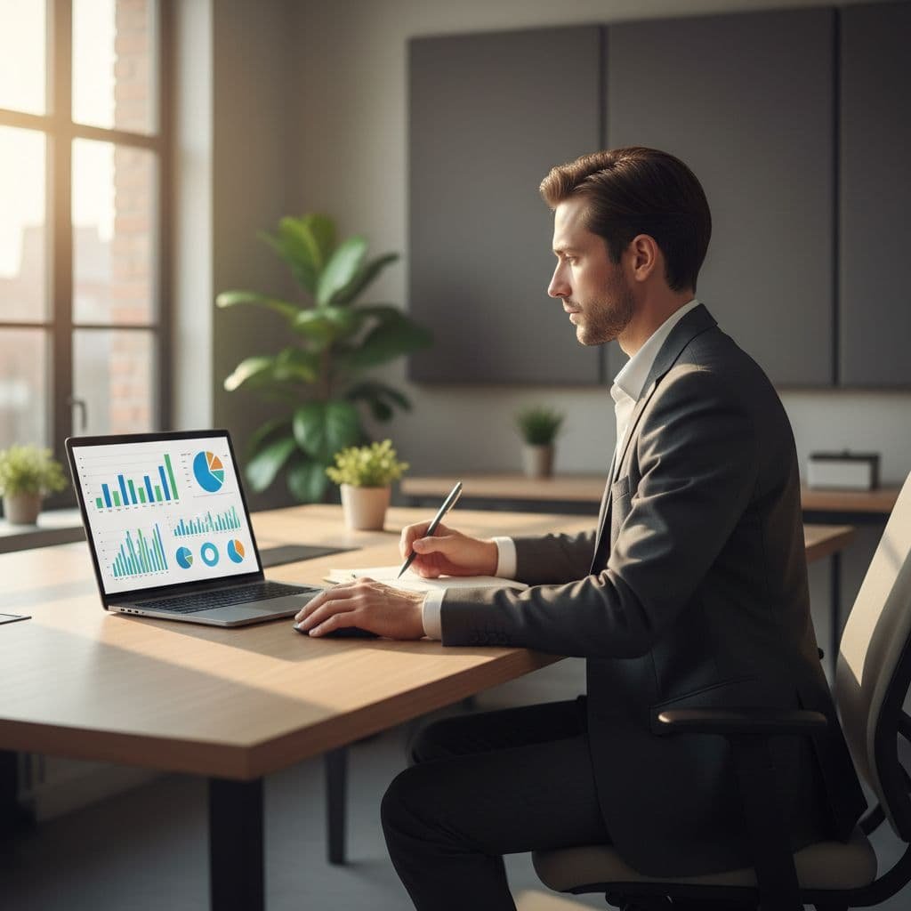 A business professional sits at a clean desk analyzing digital sales data on a laptop screen.