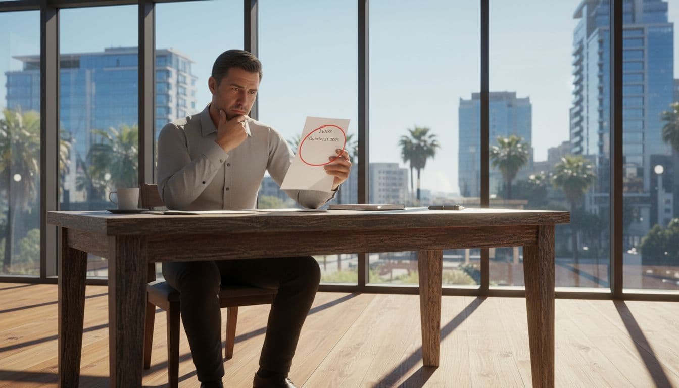 Middle-aged business owner sits at wooden desk holding lease with red-circled expiration, looking concerned in sunny Georgia office.