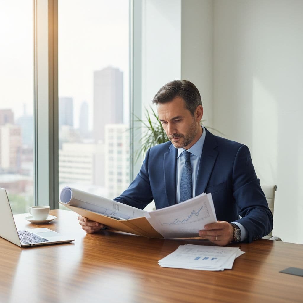 A professional business owner sits at a wooden desk reviewing financial documents and construction blueprints.