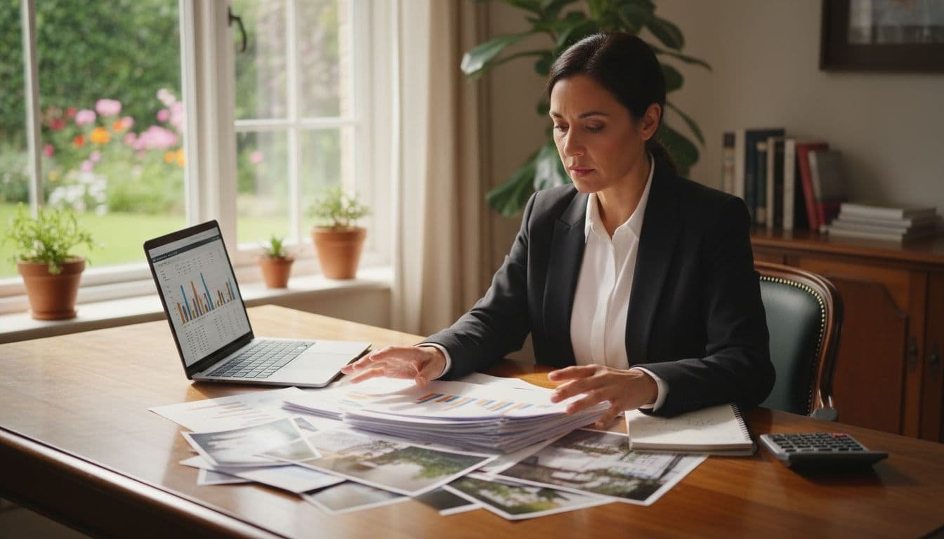 Middle-aged professional sits at wooden desk reviewing financial documents and property photos in sunny home office.