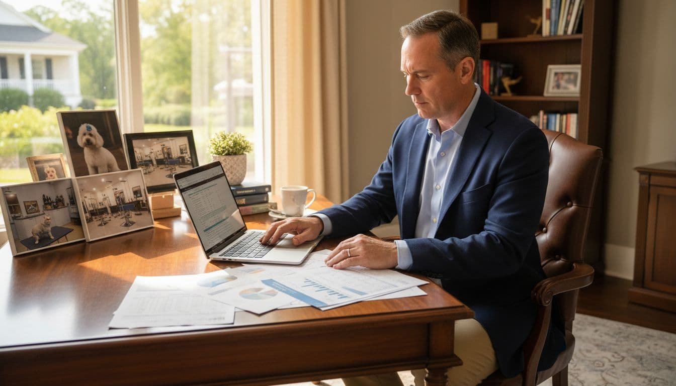 Mid-40s man in business casual reviews financial reports and laptop at wooden desk with pet grooming photos nearby.