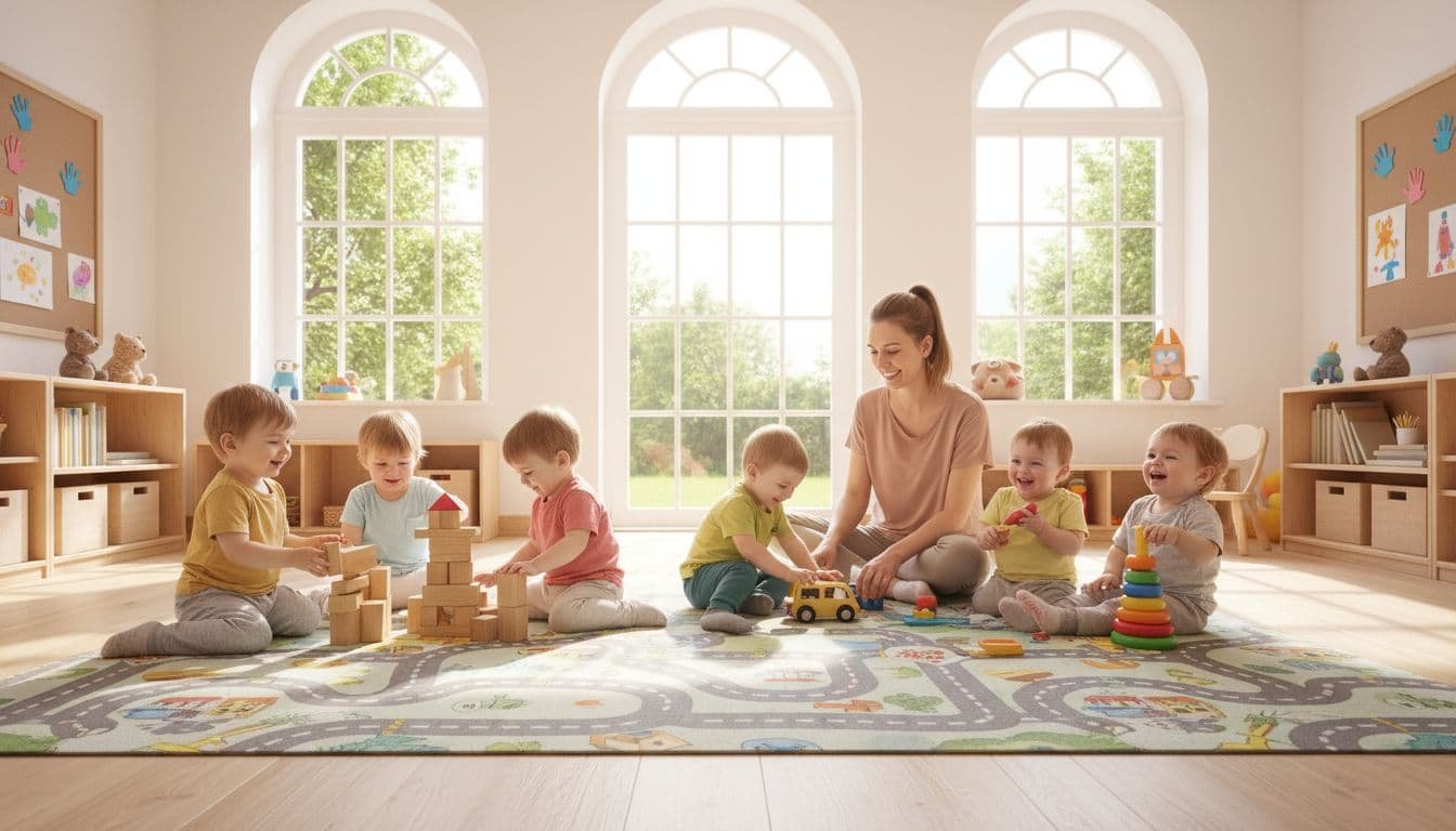 Six toddlers play with wooden blocks and toys on educational mats in a colorful classroom supervised by one caregiver.