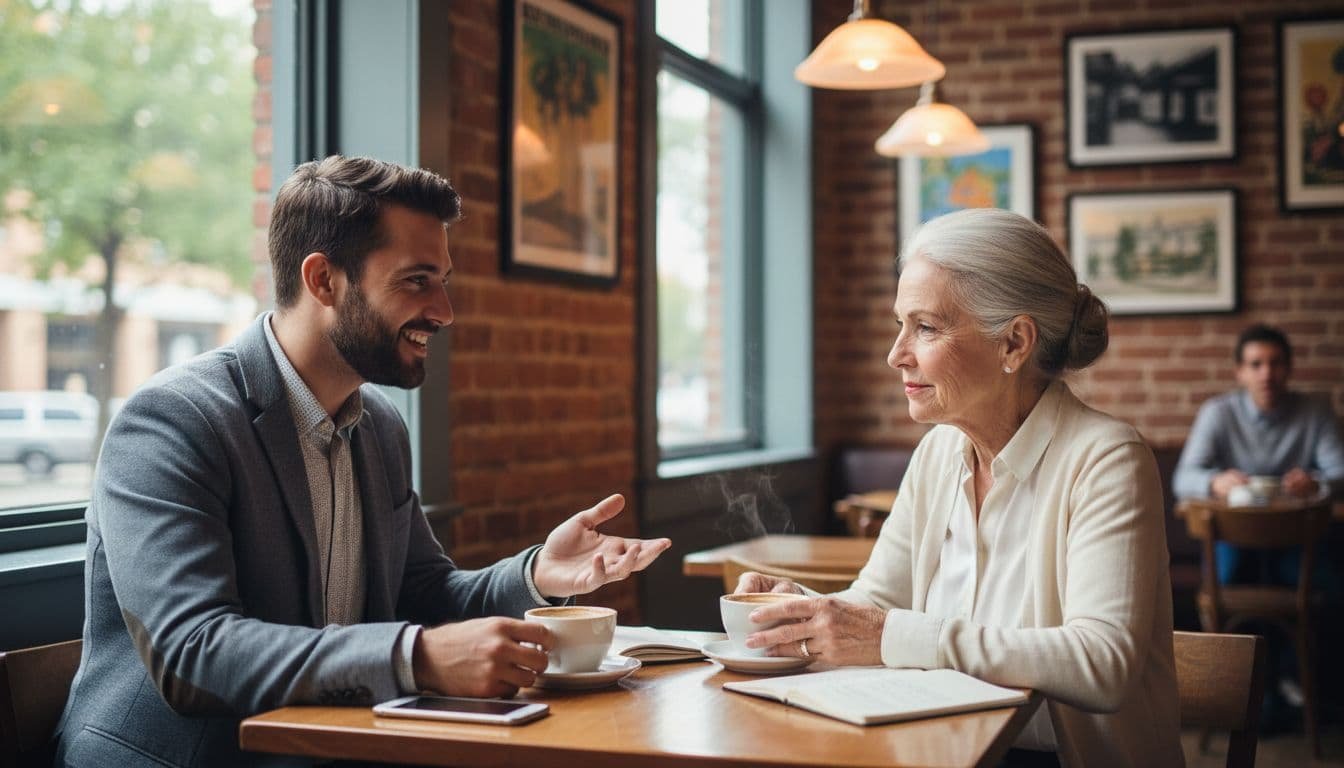 A young entrepreneur and an older business owner discuss strategies inside a quiet Atlanta cafe.