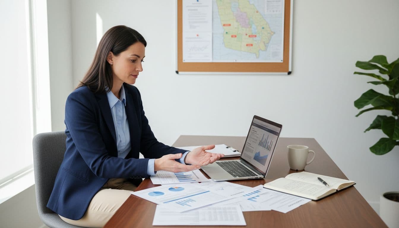 Businessman in business casual at desk reviews plumbing financial spreadsheets and contracts, laptop shows charts, Georgia-South Carolina map on wall.