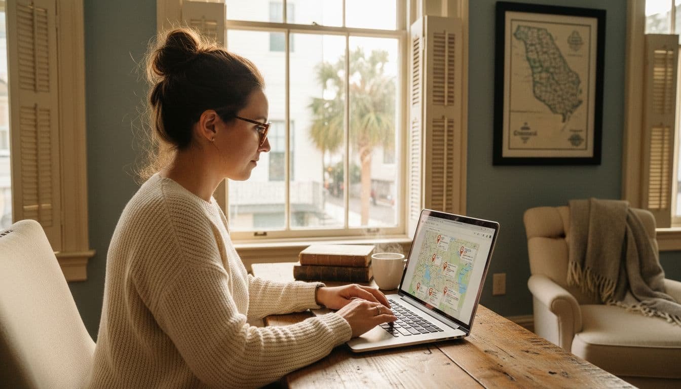 A focused professional researches business listings on a laptop inside a bright, cozy Charleston office space.