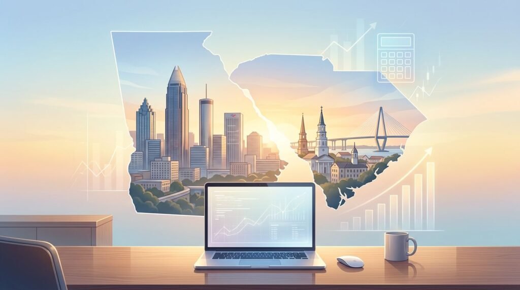 Laptop on a desk with a mug, while a holographic city skyline and map outline project with rising charts.](https://)
