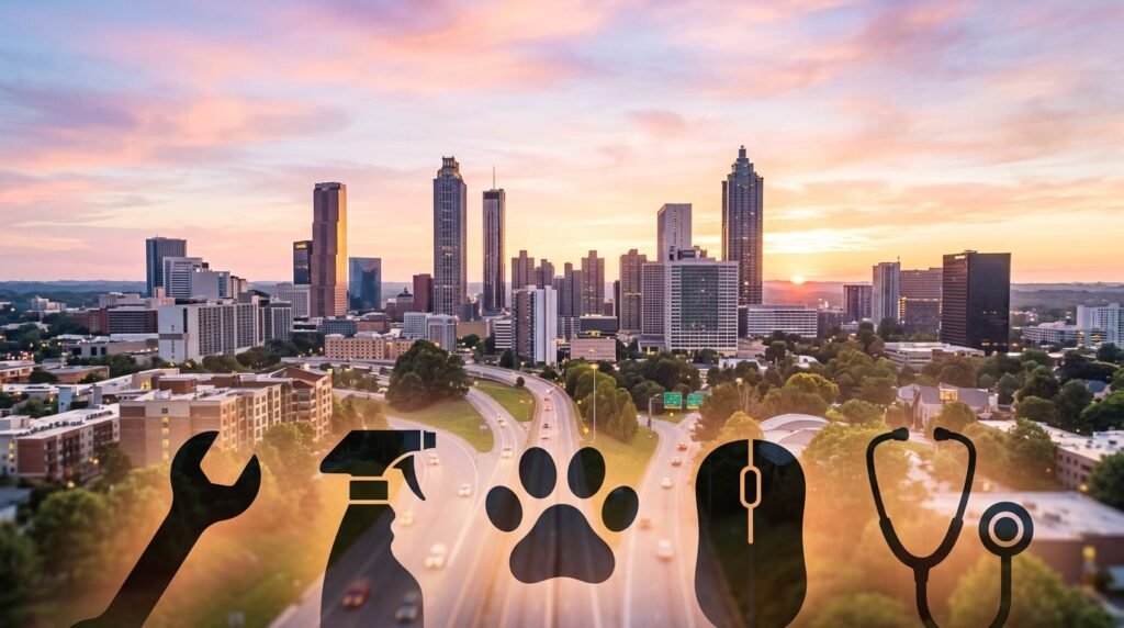 Sunset city skyline with a translucent band of veterinary icons: wrench, spray bottle, paw print, mouse, and stethoscope.