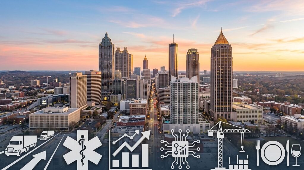 Aerial city skyline at sunset with white icons overlay for logistics, healthcare, growth, AI tech, construction, and dining in the foreground.