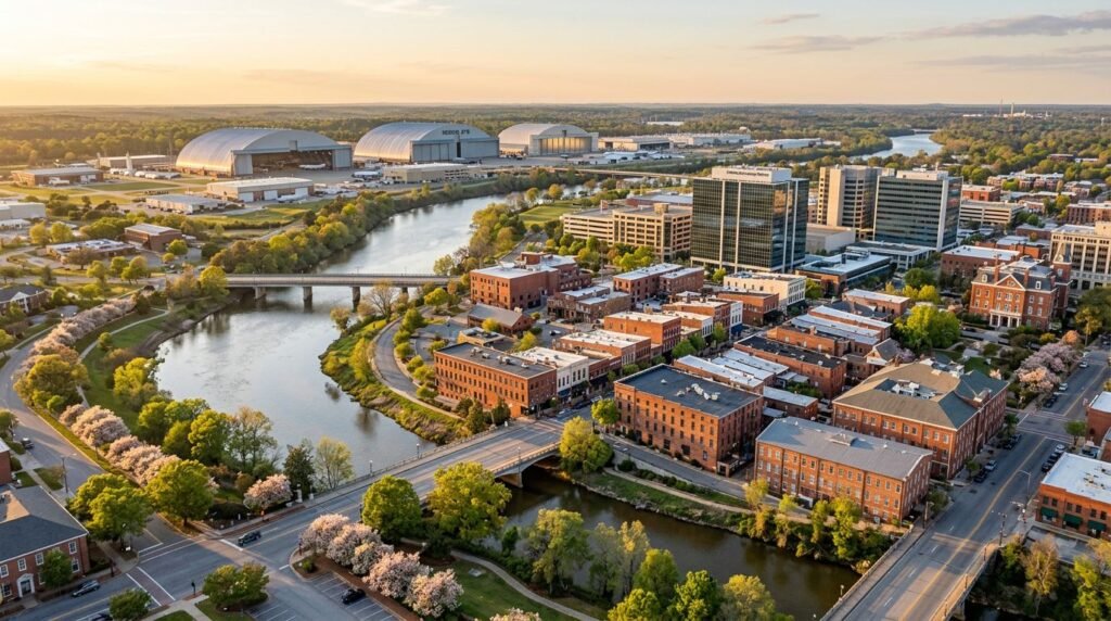 Aerial sunset view of a river winding through a downtown with red brick buildings, bridges, and green trees.