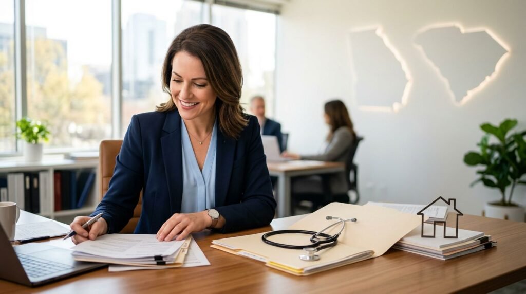 Professional woman in a blue blazer signs documents at a desk, with a laptop, a stethoscope, and a small house outline on the desk.