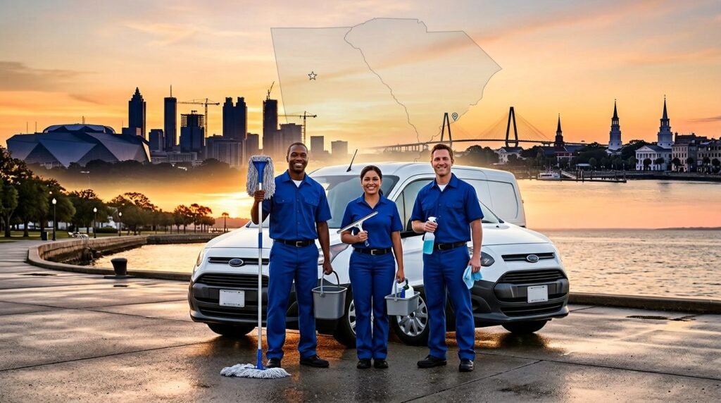 Three sanitation workers in blue uniforms stand with cleaning tools beside a white van at a sunset waterfront, city skyline in the background.