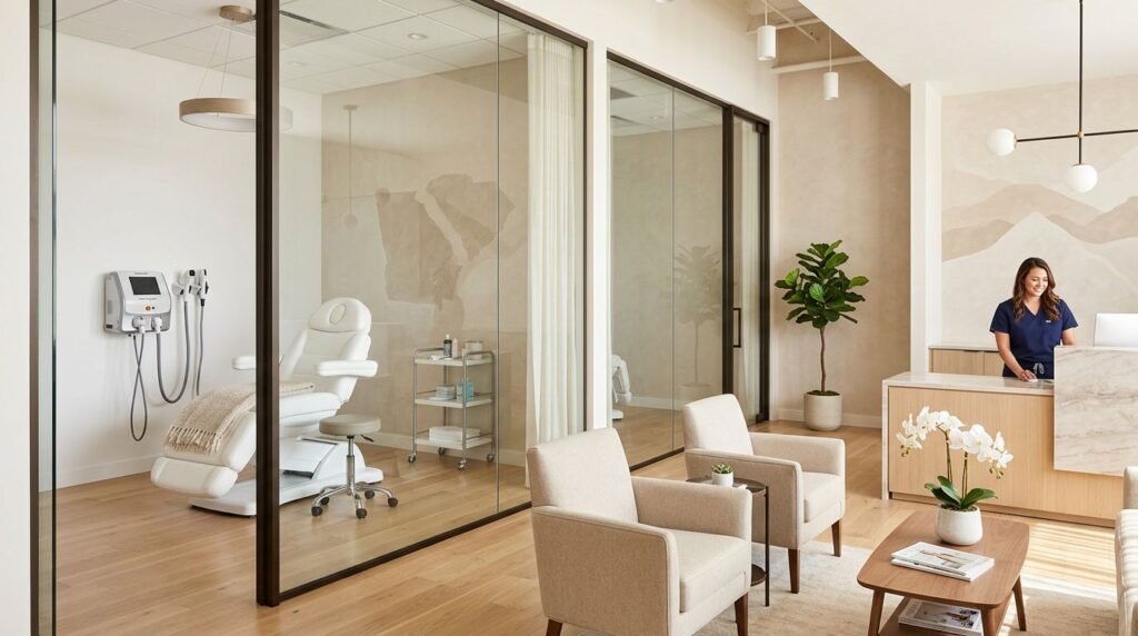 Reception area of a modern spa or clinic: a smiling receptionist at a light wood desk, beige seating, and a glass-walled treatment room with a reclining chair inside.