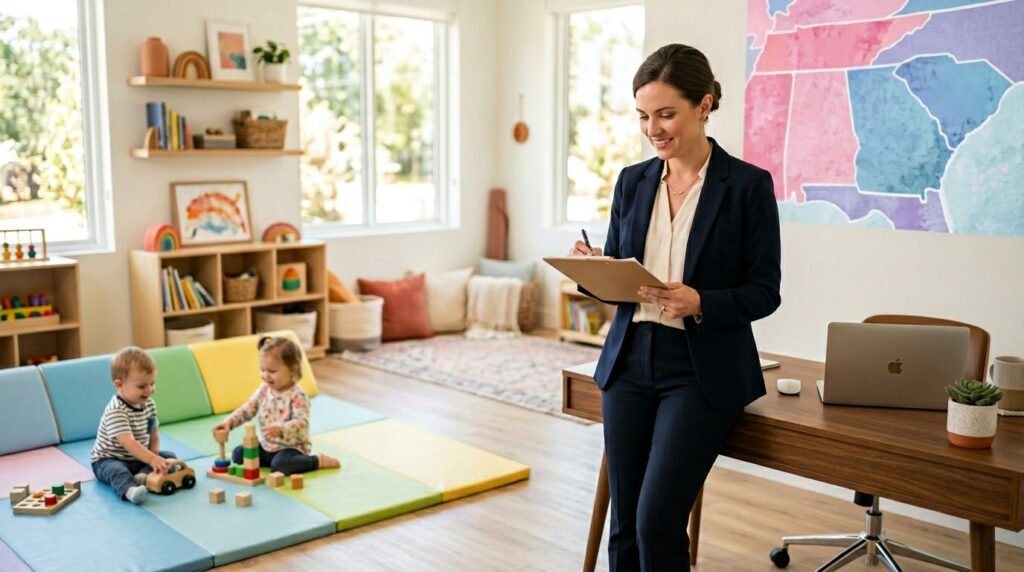 Woman in a navy suit stands by a wooden desk with clipboard in a bright playroom while two kids play on a soft mat area with toys and shelves nearby.