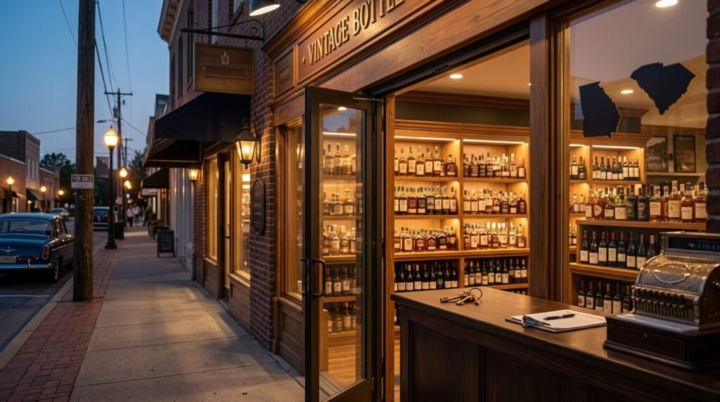 Open liquor store at dusk with warm-lit whiskey bottles lining wooden shelves behind glass doors, inviting interior.