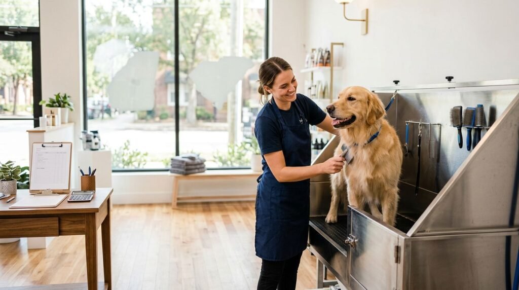 Groomer in a navy apron pets a golden retriever on a grooming tub in a bright, clean salon with large windows behind them.
