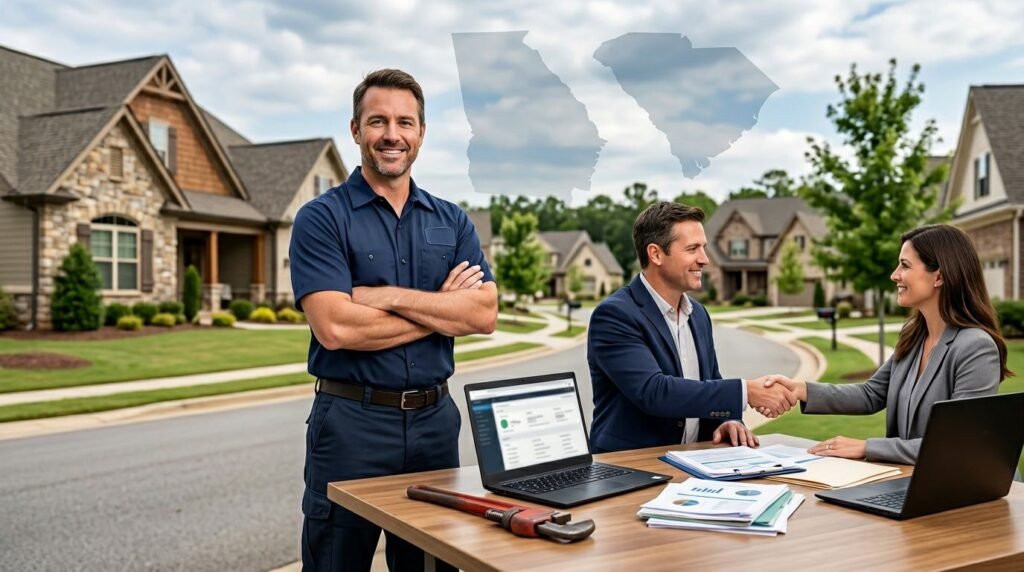 Contractor and client shake hands at a table with laptops and documents in a suburban street setting, signifying an outdoor business meetingy.