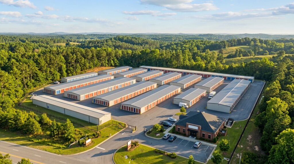 Aerial view of a self-storage facility with long rows of orange-doors units surrounded by trees and a central office building with parking.