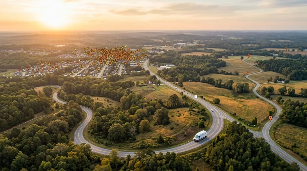 Aerial view of a curving highway through countryside at sunset with many orange location pins marking spots in the town.