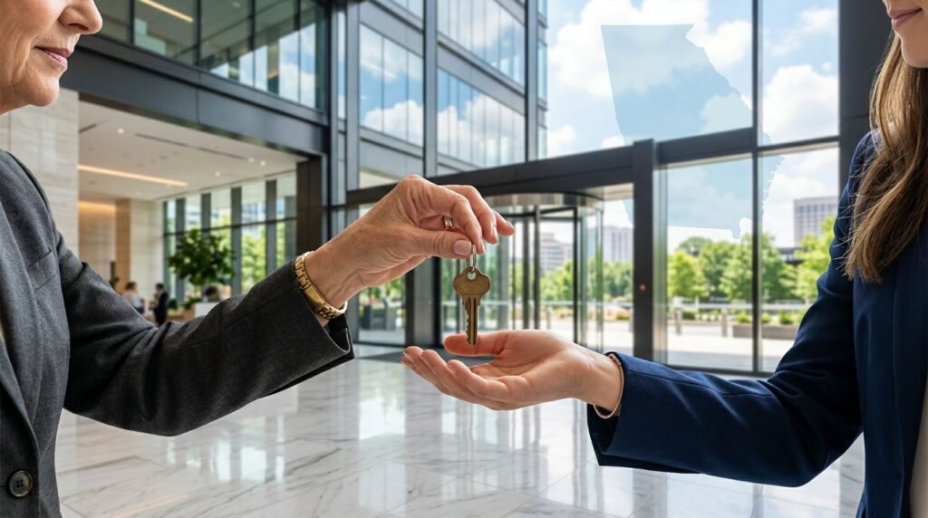 Two professionals exchange a key in a modern office lobby