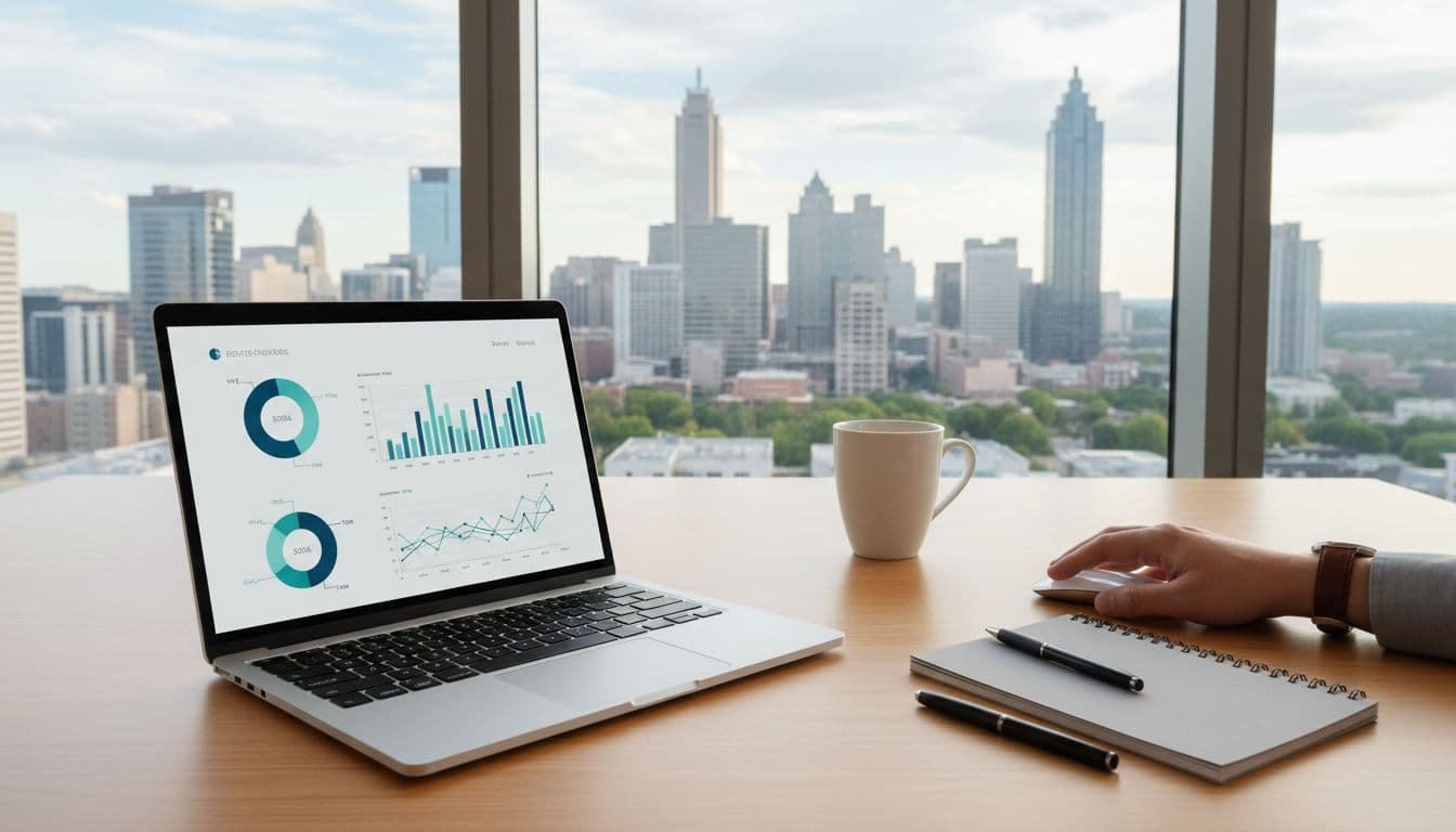 Office desk with laptop showing financial charts, coffee mug, notepad, pen, hand on mouse, and Atlanta skyline view.