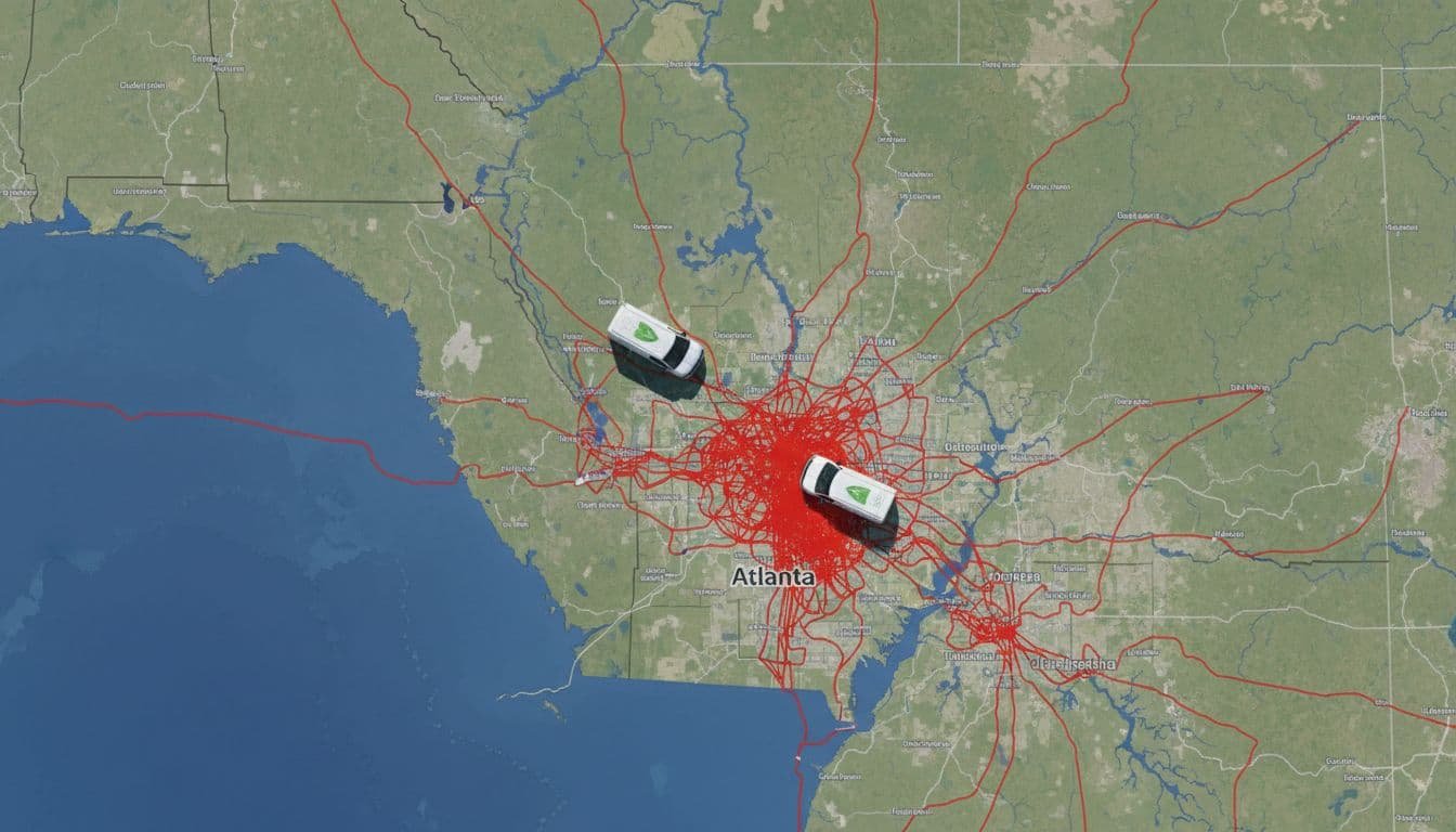 Top-down map of Georgia and South Carolina shows red clustered service routes near cities with two parked vans.
