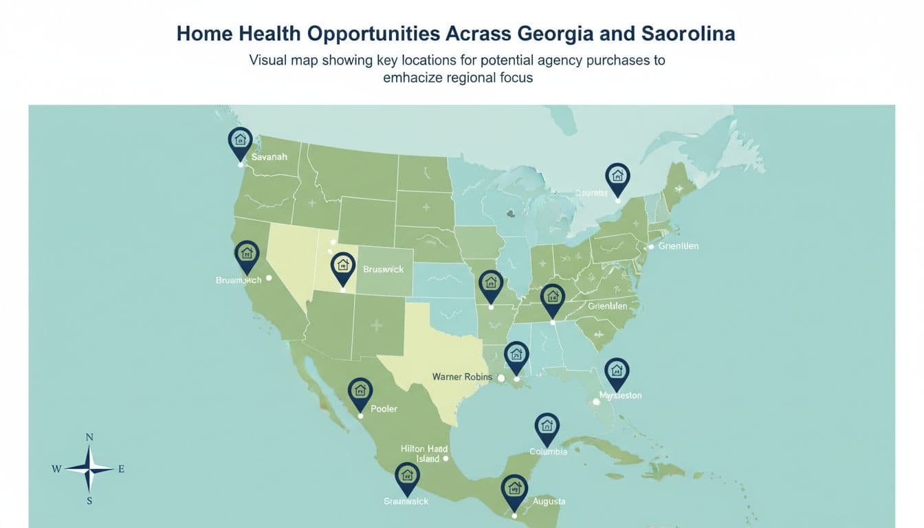 Illustrated map of Georgia and South Carolina highlights cities with home health agency icons in soft colors.
