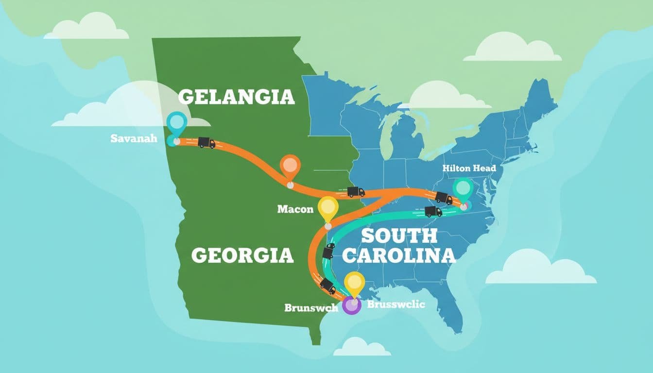 Map highlights Savannah, Atlanta, Hilton Head, Macon, Brunswick with moving truck icons on roads between Georgia and South Carolina.